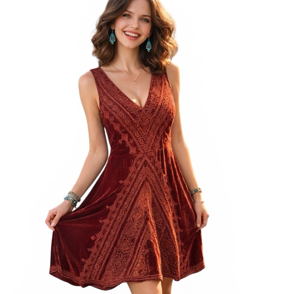 Johnny Was Velvet Aztec Rust embroidered fit and flare dress (NWT)